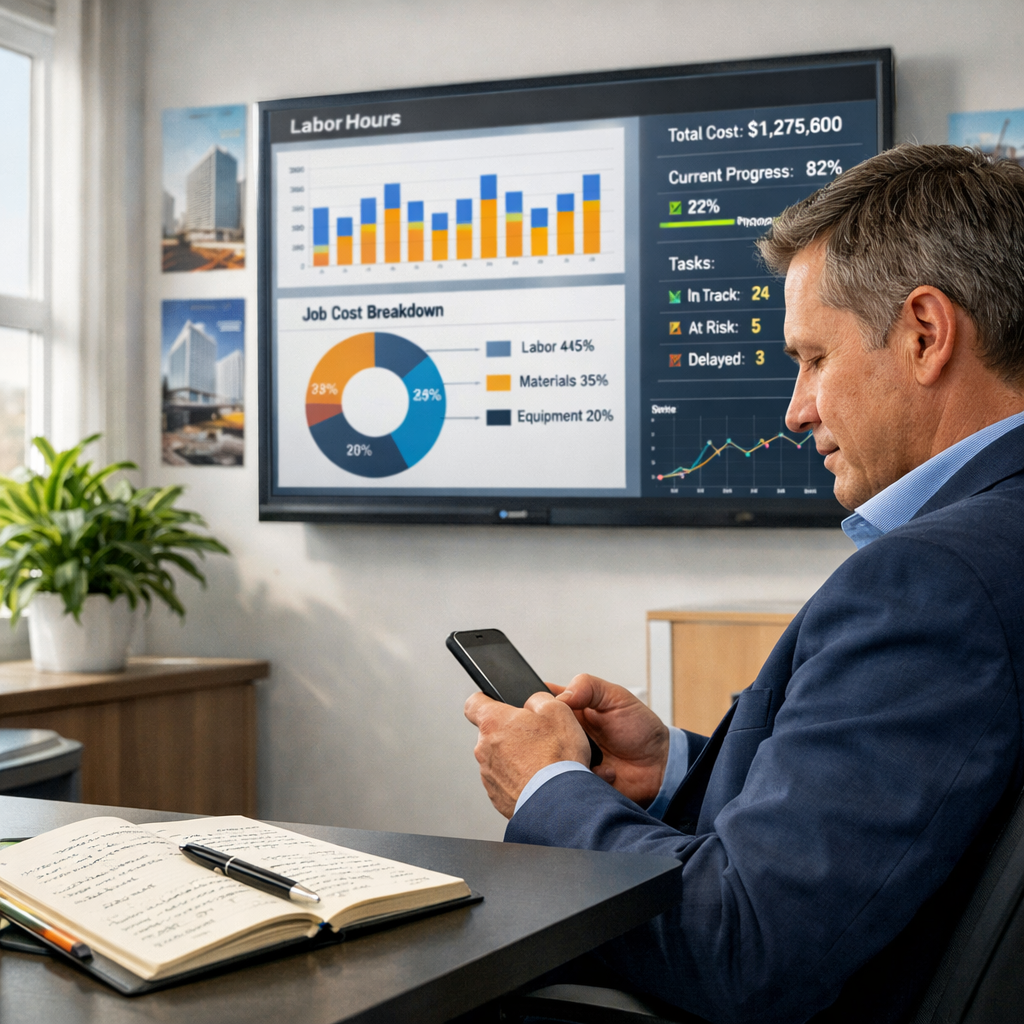 CFO in Modern Office with Data Dashboard and Green Plant