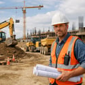 Construction Site with Heavy Equipment and Foreman