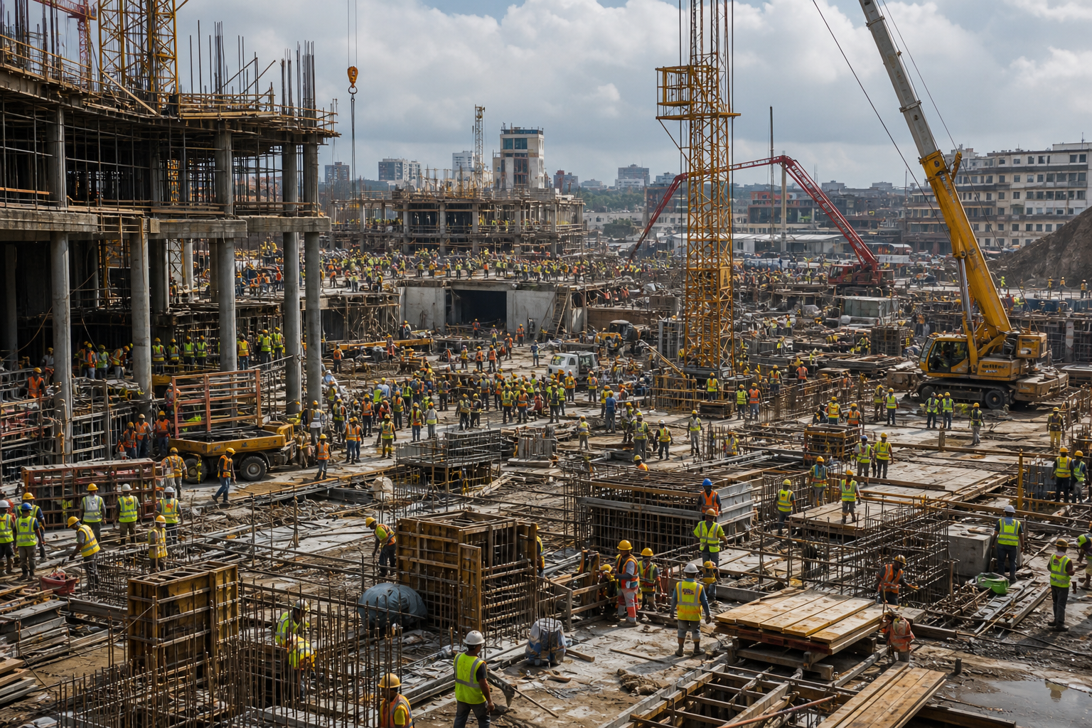 Construction Site with Hundreds of Workers in Hard Hats